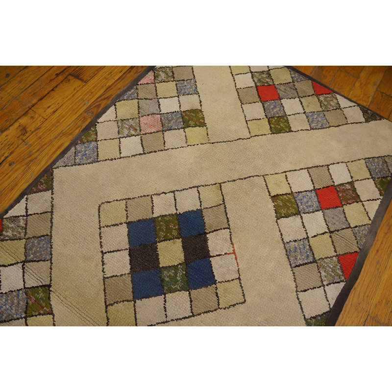 Antique Geometric Folk Art Design American Hooked Rug