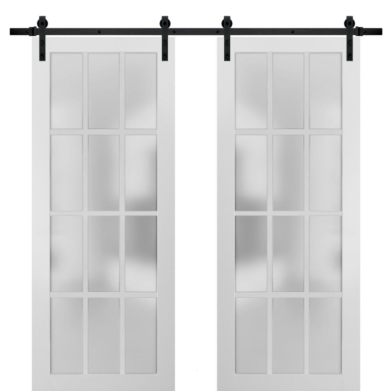 Portes de grange en verre givré Felicia avec trousse de quincaillerie d'installation, 64 po x 84 po, Blanc mat