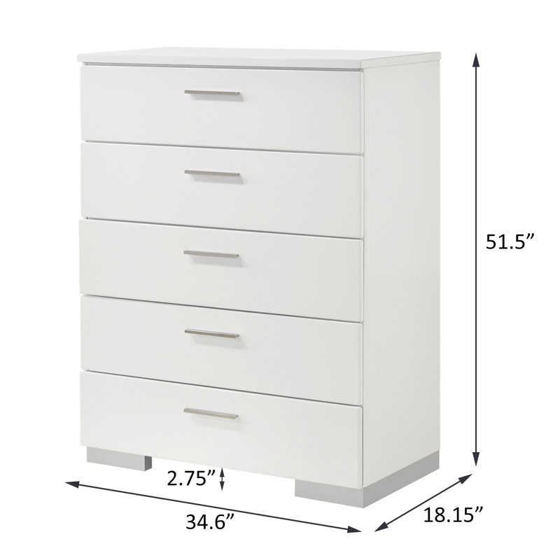 Vyara Bedroom Set in Glossy White, Grand lit, 6 Pcs: Bed, 2 Nightstands, Dresser, Mirror, Chest