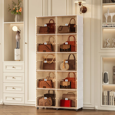 Contemporary Modular Purse Storage Cabinet with Clear Front Doors and Rolling Wheels, Freestanding Closet Organizer for Handbags and Collectibles – 10 Cubbies