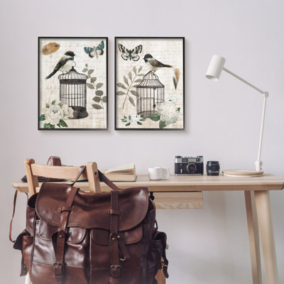 Cage à oiseaux rétro perchée par Timeless Cursive par Nan - ensemble de 2 impressions sur toile