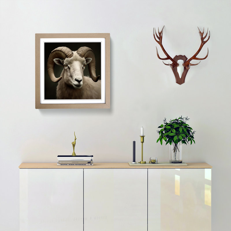 Ram Sheep Realism - Single Picture Frame Print on Wood, Oak