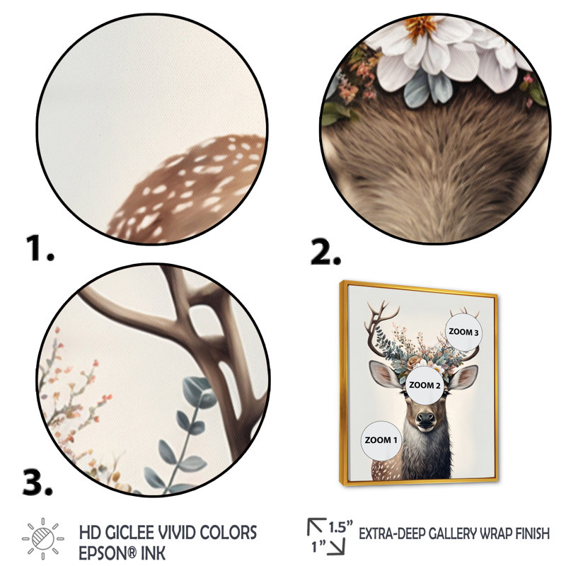 Mignon bébé caribou avec couronne florale III - art mural moderne sur toile, L 12 po x H 20 po, Cadre flottant doré