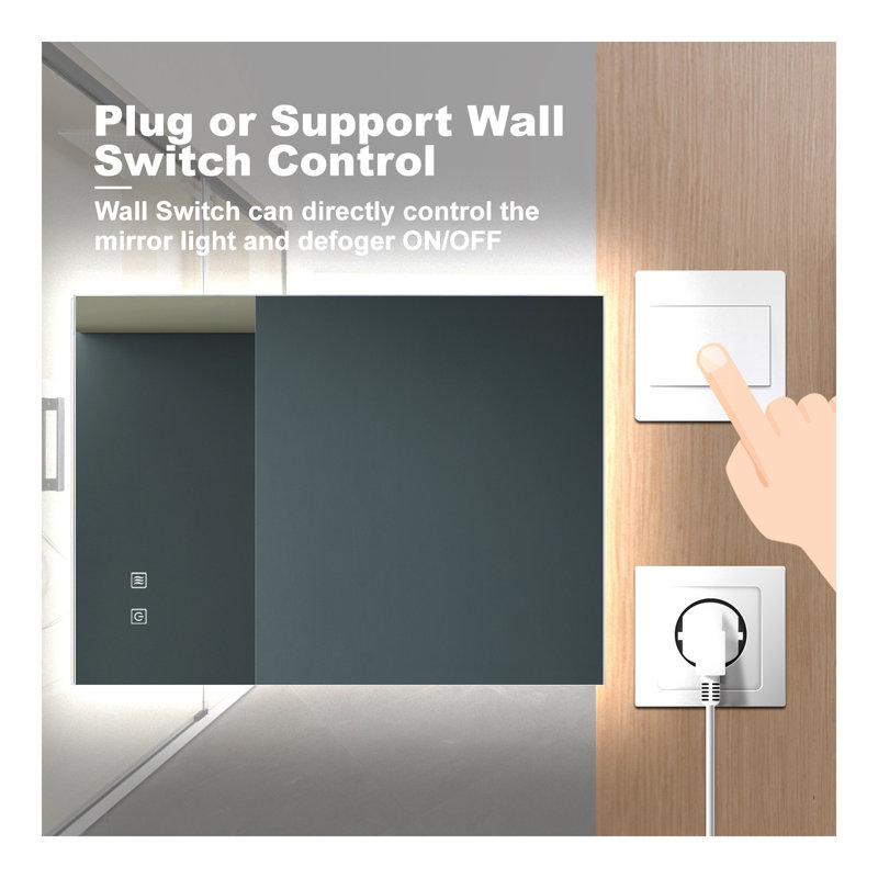 Miroir de salle de bain pour salle de bain avec lumière intense, intensité variable, contrôle de l'interrupteur mural, antibuée, IRC 90 réglable 3000K-4500K-6000K, IP54 imperméable à l'eau, vertical et horizontal