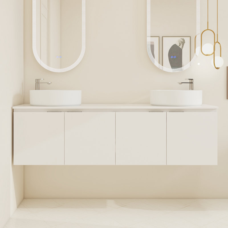 60" Bathroom Vanity with Sink, 60 Inch Floating Vanity, Double Sink Wall Mounted Vanity Combo, Modern White Bathroom Vanity Set with 4 Doors and Ceramic Basin Sink