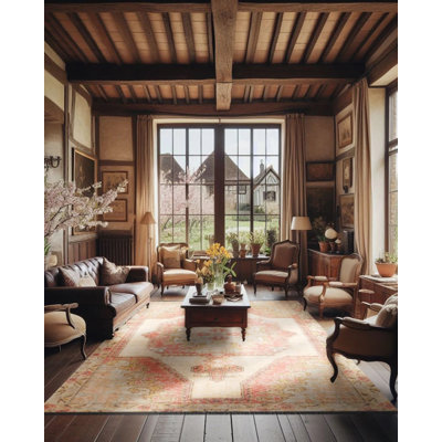 Tarango Oriental Cream Pink Machine Woven Cotton Polyester Area Rug Tarango