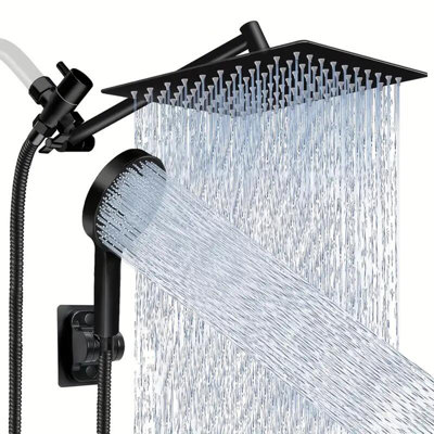 Black Shower Head 8inch High Pressure Rainfall Shower Head/Handheld Shower Combo with 11'' Extension Arm 3 Settings Anti-leak Shower Head