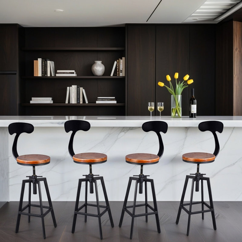 Tabouret de bar industriel réglable en bois et métal avec dossier, entièrement soudé (plateau en bois brun avec dossier en fer)