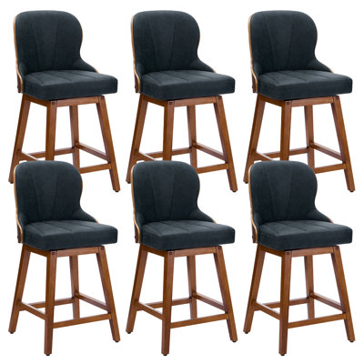Swivel Bar Stools Set of 6 Mid Century Modern Faux Leather Upholstered Counter Height Barstools,Kitchen Island Wooden Bar Chairs,25-Inch Armless Counter Stools with Wood Back and Legs