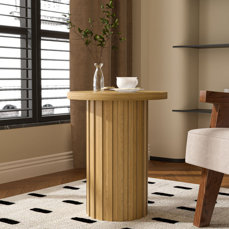 Round End Table With Fluted Pedestal Base, Side Table With Strip Columns Base, Wood