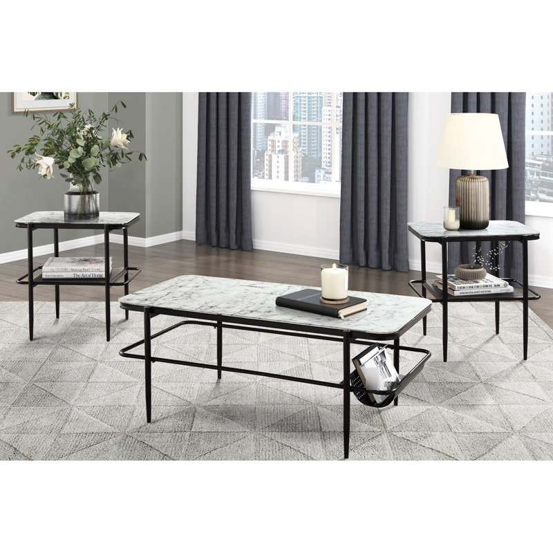 Élégante table d'appoint 3 pièces: verre trempé à motif de marbre blanc et métal de style moderne avec rangement réglable