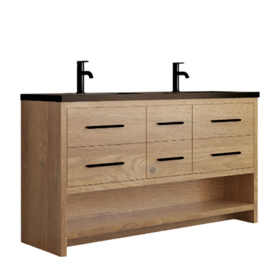 Wicksham 60-inch W x 21-inch D 6-Drawer Freestanding Bathroom Vanity with Double Sink and Black Engineered Quartz Countertop