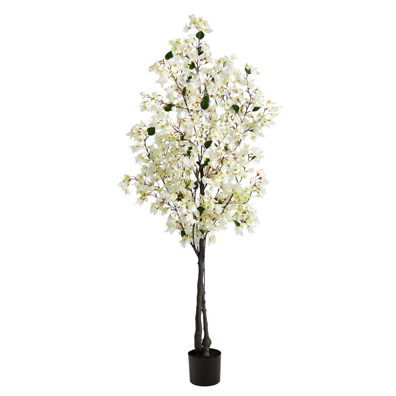 Faux Flowering Tree in Planter, White, 72" H x 31" W x 10" D