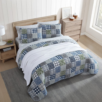 Eddie Bauer Cozy Plaid Patchwork Cotton Blue Twin Quilt Set