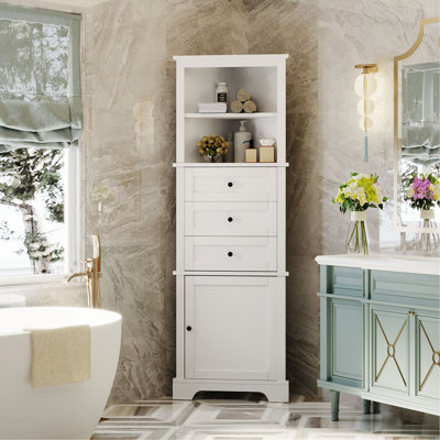 White Triangle Tall Cabinet With 3 Drawers And Adjustable Shelves For Bathroom, Kitchen Or Living Room, MDF Board With Painted Finish