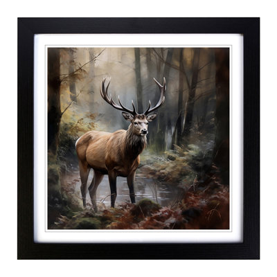 Stag In A Forest Realism - Framed Print
