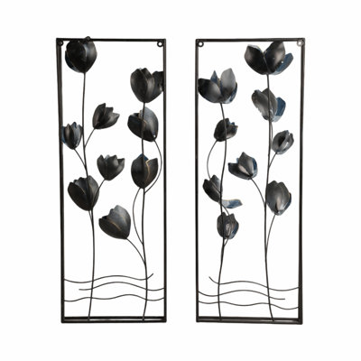 Lark Manor™ Blooming Flowers Metal Wall Panels Set Of 2, Iron Blue, 32 Inch, Perfect Home Decor For Any Room
