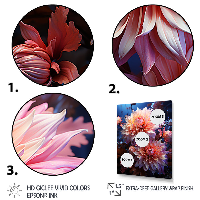 Rose et bleu, floraison de chrysanthèmes, art mural - Chrysanthèmes, Cadre photo noir simple, H 44 po x l 34 po x P 1,5 po