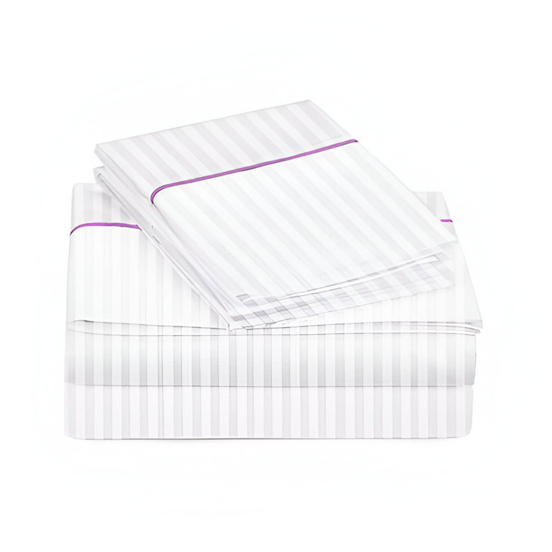 400TC Single Embroidery Sateen Stripe Cotton 4 Piece Sheet Set Fitted Sheet Fits Upto 16" Deep Pocket, Queen Sheet Set