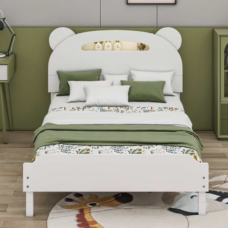 Lit plateforme en bois Caravelle avec tête de lit en forme d'ours, Simple, Blanc