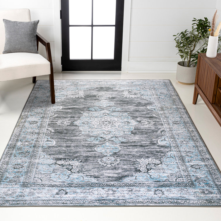 Elloise Bohemian Distressed Chenille Machine-Washable Dark Gray/Blue Rug