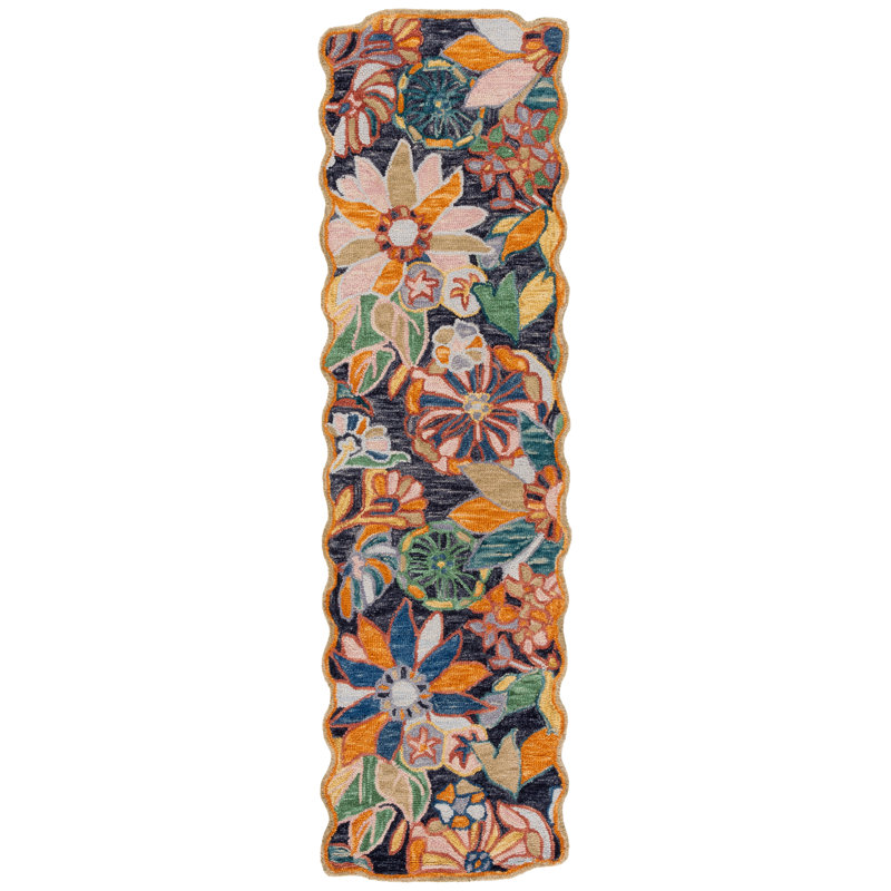 Botts 356 Hand Tufted Wool/Cotton Floral Rug in Black/Green, Runner 2'3" x 8'