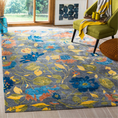 Savorey Hand Knotted Viscose/Cotton Floral Rug in Blue/Gray