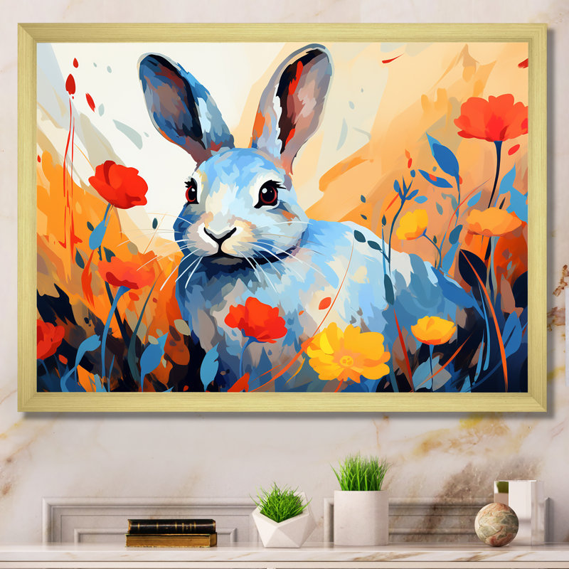 «Blue Rabbit Flower Meadows - Lapin», art mural, Cadre doré à coins fermés, H 16 po x l 32 po x P 1 po