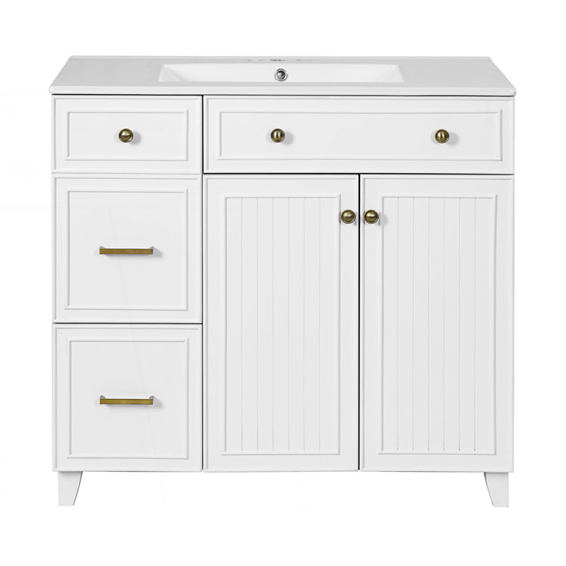 Bathroom Vanity With Ceramic Sink And Double-Layer Drawers, White