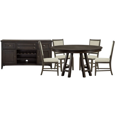 Lyndsey 52" Round Dining Table With 4 Upholstered Side Chairs And Buffet