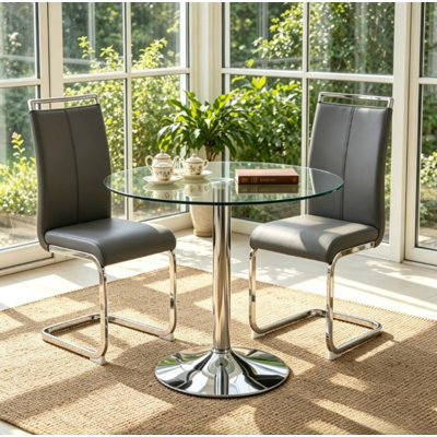 3-Piece Round Glass Dining Set with Chrome Base, 2 Faux Leather Cantilever Chairs, Modern Kitchen Table Set for Small Spaces & Apartments