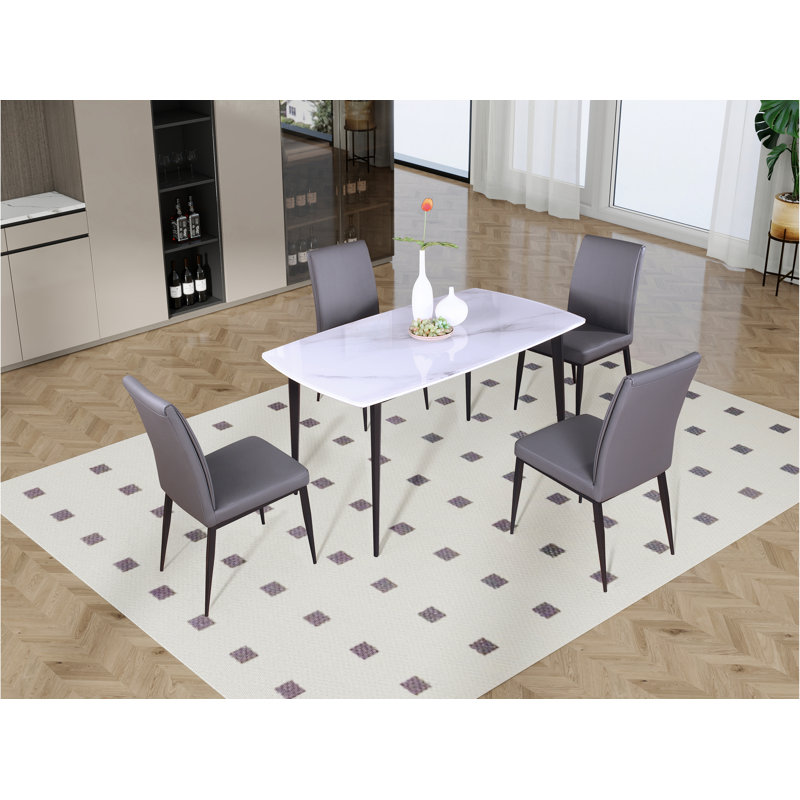 Ensemble de salle à manger 5 pièces transitionnel - Table rectangulaire blanche avec chaises rembourrées en similicuir gris