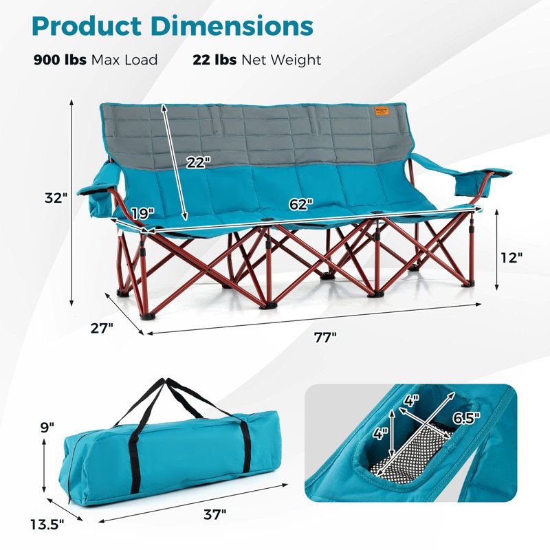 Inbox Zero 3 Person Folding Camping Chair Heavy-duty Camp Couch With 2 Cup Holders Padding, Blue