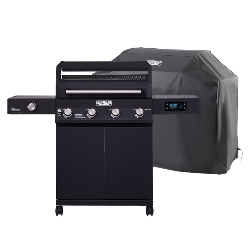 Barbecue au propane noir à 4 brûleurs avec couvercle Clearview, brûleur latéral, commande Bluetooth App et écran à DEL Monument Grills Denali 425 - Idéal pour les barbecues en famille avec couvercle