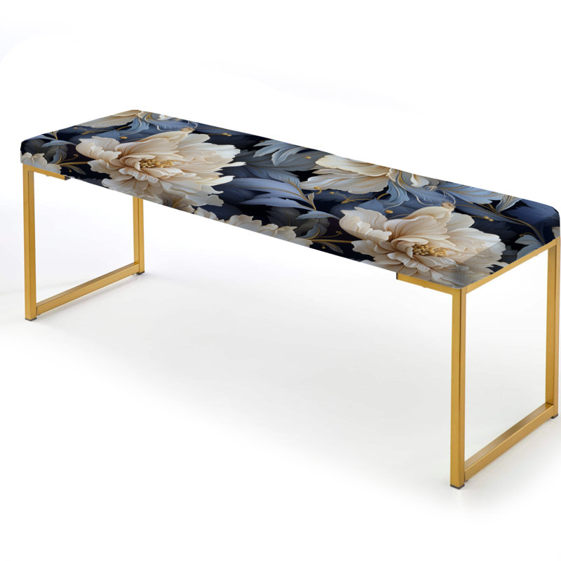Banc floral rembourré or, Pivoines bleues et blanches damassées