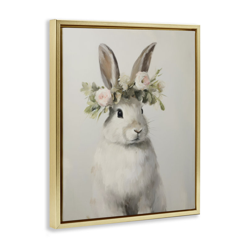 Art mural en toile White Bunny, H 31 po x l 25 po, Cadre flottant métallique doré