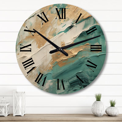 Golden Morning Glory Painting Gold On Teal I - Modern Midcentury Oversized Wood Wall Clock