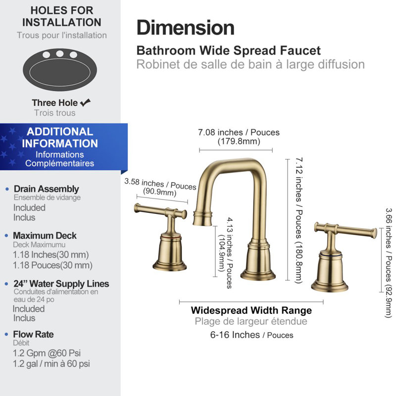 Widespread 2-handle Bathroom Sink Faucet with Drain Assembly, Brushed Gold