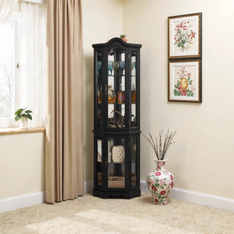 Lighted Corner Curio Cabinet with Tempered Glass Doors & Adjustable Shelves - Elegant Black Display Storage for Living Room & Bedroom Decor
