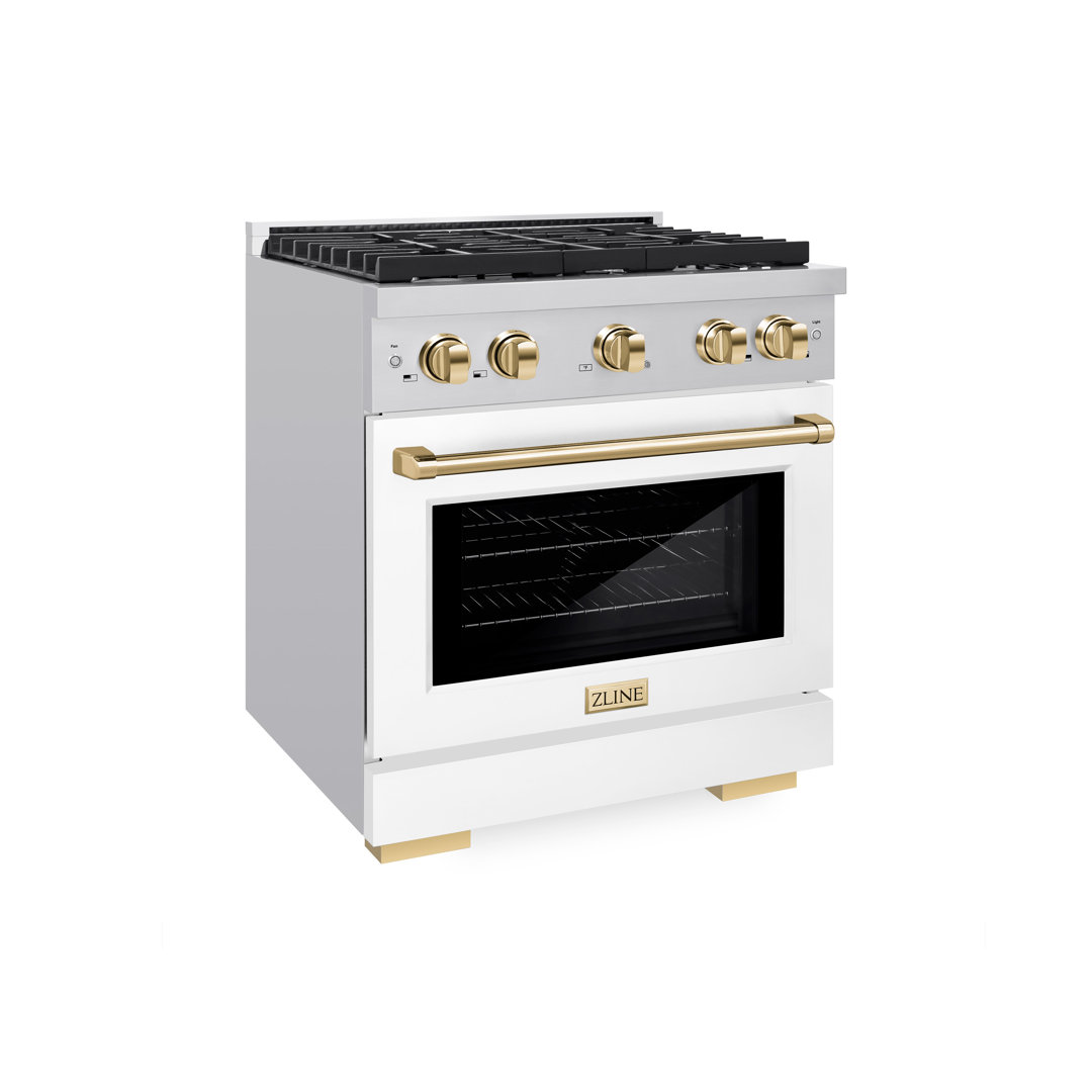 ZLINE Autograph Edition 30 in. 4.2 cu. ft. Paramount Gas Range W/ 4 Burner Cooktop & Convection Gas Oven in Stainless Steel W/ White Matte Door & Polished Gold Accents (SGRZ-WM-30-G) ZLINE