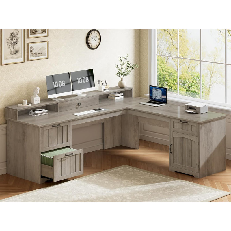 Bureau en L 63 po avec tiroirs, bureau d'ordinateur de coin Farmhouse, Gris / Gris