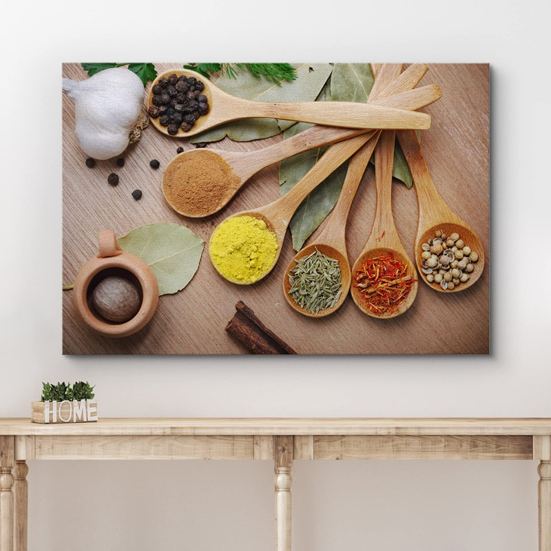 Nature morte, diverses épices dans une cuillère en bois, concept de cuisine, décoration murale moderne, décoration intérieure