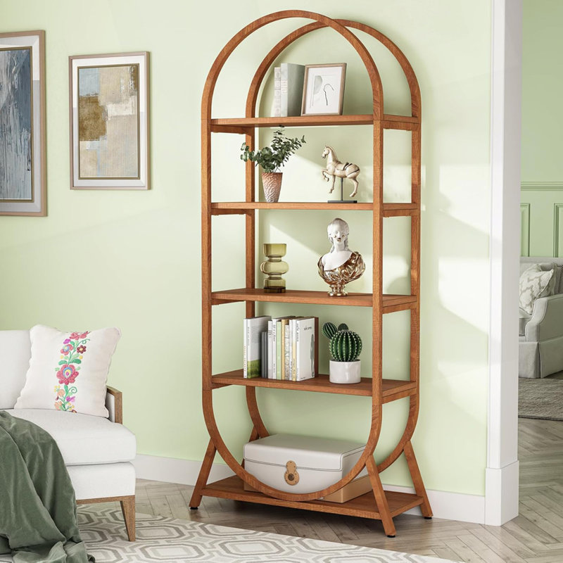 5-Tier Modern Brown Arched Open Bookshelf