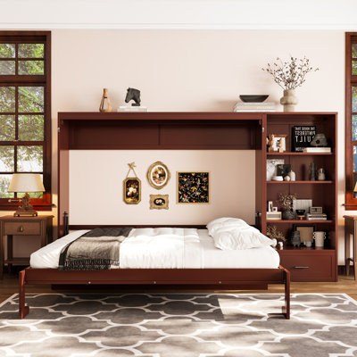 Queen Size Murphy Bed With Height Adjustable Storage Compartments And Shelf, Wall Bed Frame With 1 Drawer, Multifunctional Foldable Platform Bed For Bedroom,Guest Room, Walnut