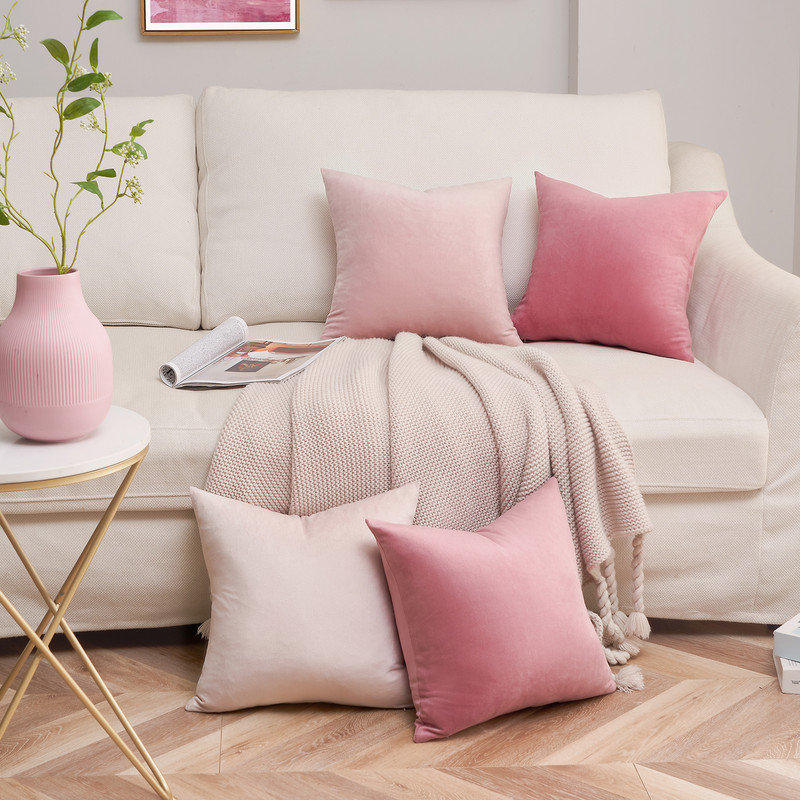 Velvet Throw Pillow Covers,Contrasting colors Pillows Decorative Set of 4, Square 18", Pink