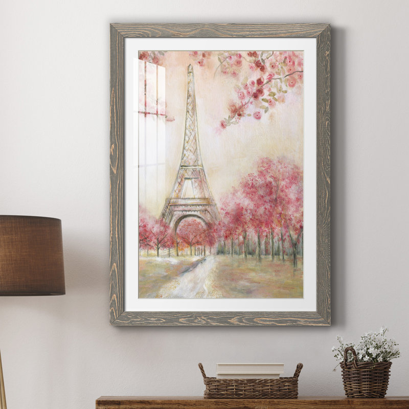 Printemps de Paris - Peinture sur papier encadrée, Cadre en papier gris, H 44 po x l 31 po x P 1 po