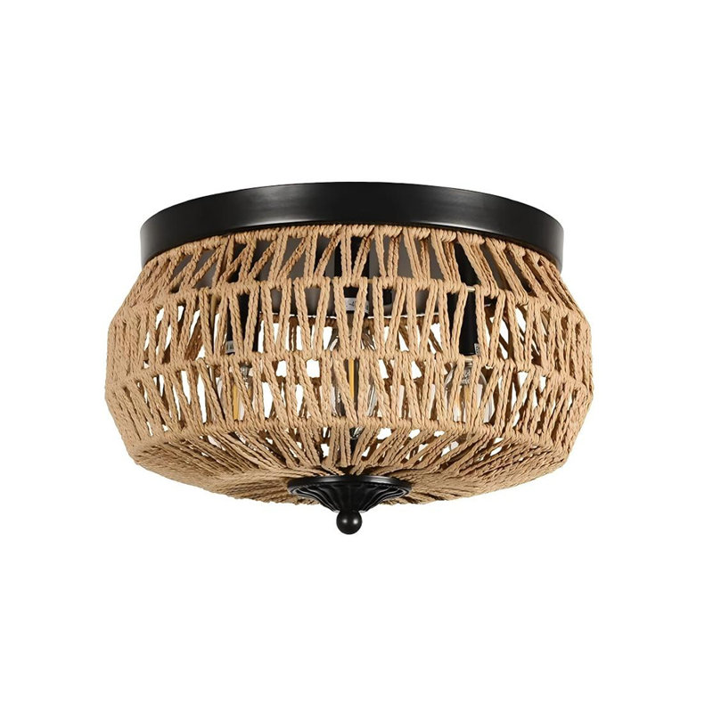 3-Light Woven Rattan Flush Mount - Handmade Cage Shade For Multi-Room Use