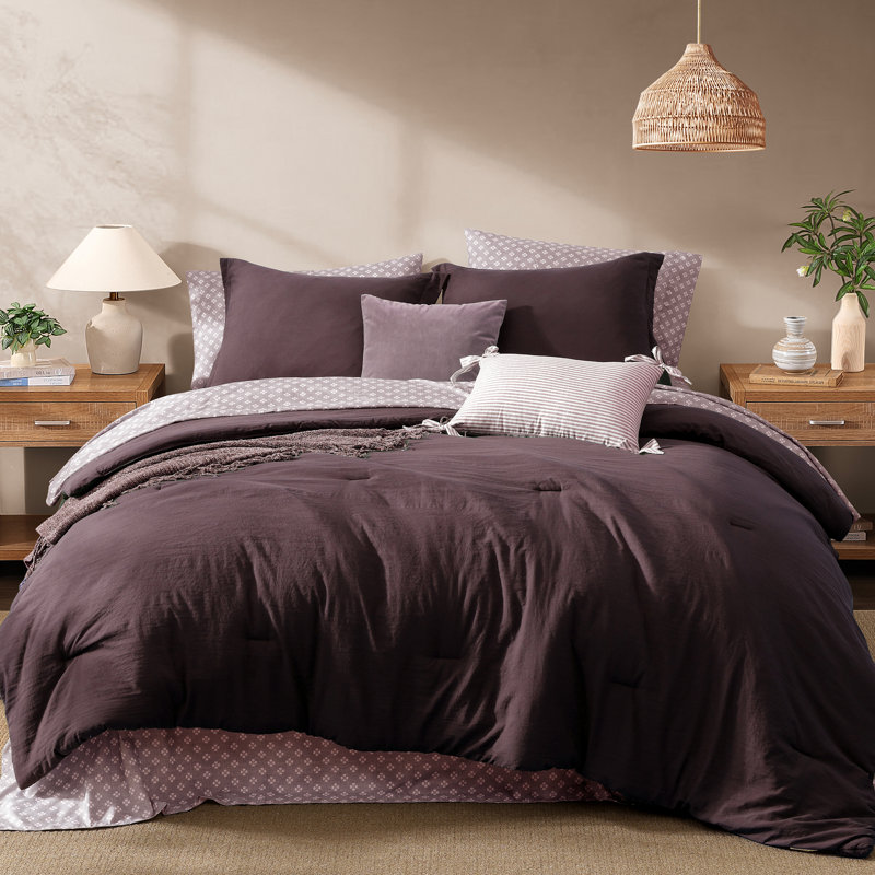 Ensemble d'édredon pour grand lit Monbix - Ensemble de 7 pièces de literie pour grand lit prélavé prune italienne dans un sac, édredon toutes saisons avec draps, taies d'oreiller et taies décoratives