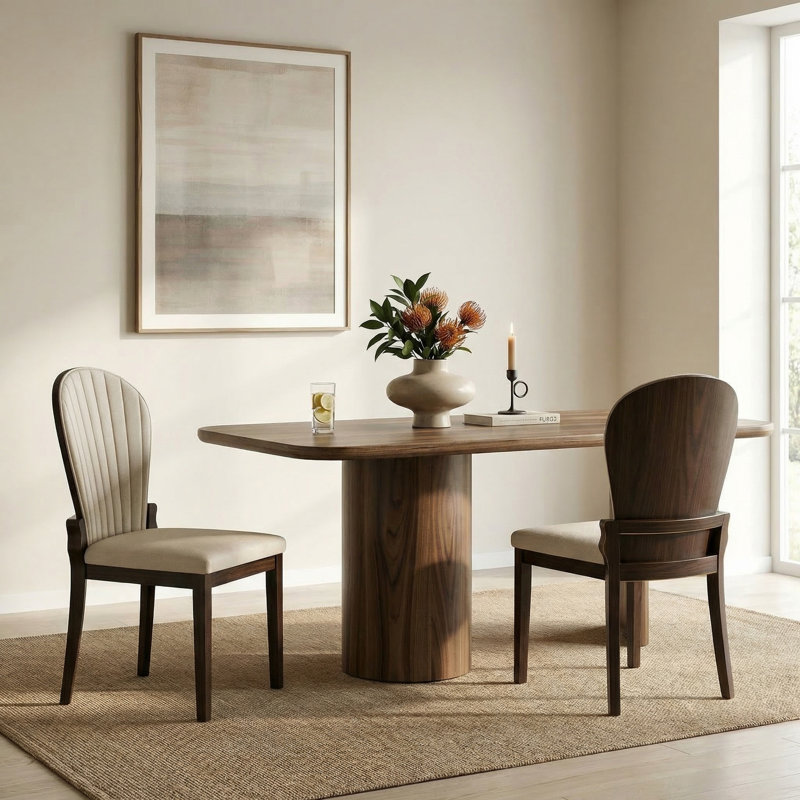 Chaises de salle à manger d'appartements modernes (ensemble de 2) avec structure en bois massif, sièges en cuir beige compacts pour les petites cuisines et coins repas