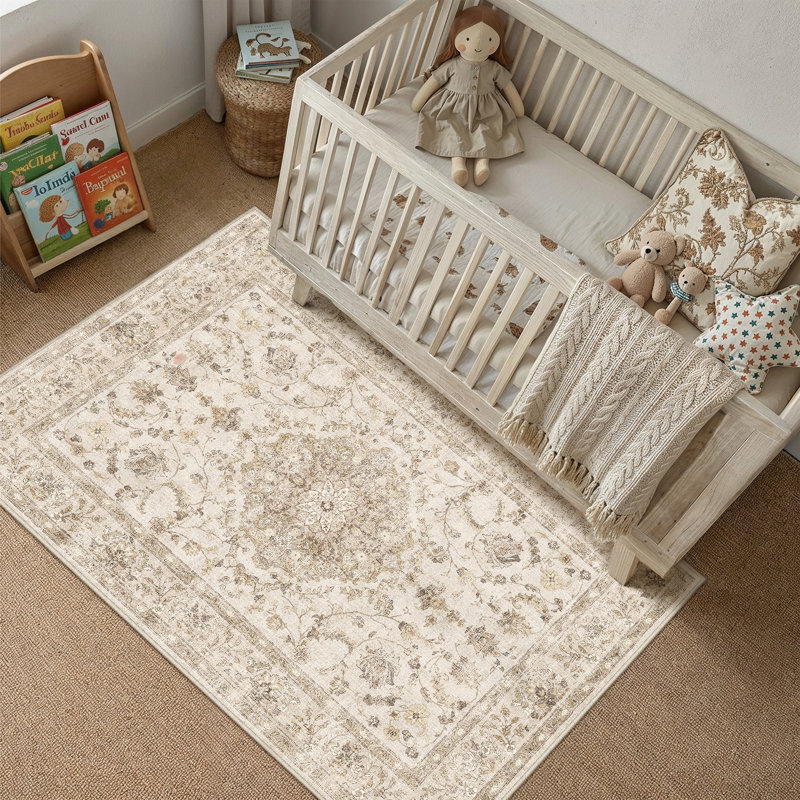 Tapis lavable floral Hayes, Beige, Rectangulaire 3 pi x 5 pi